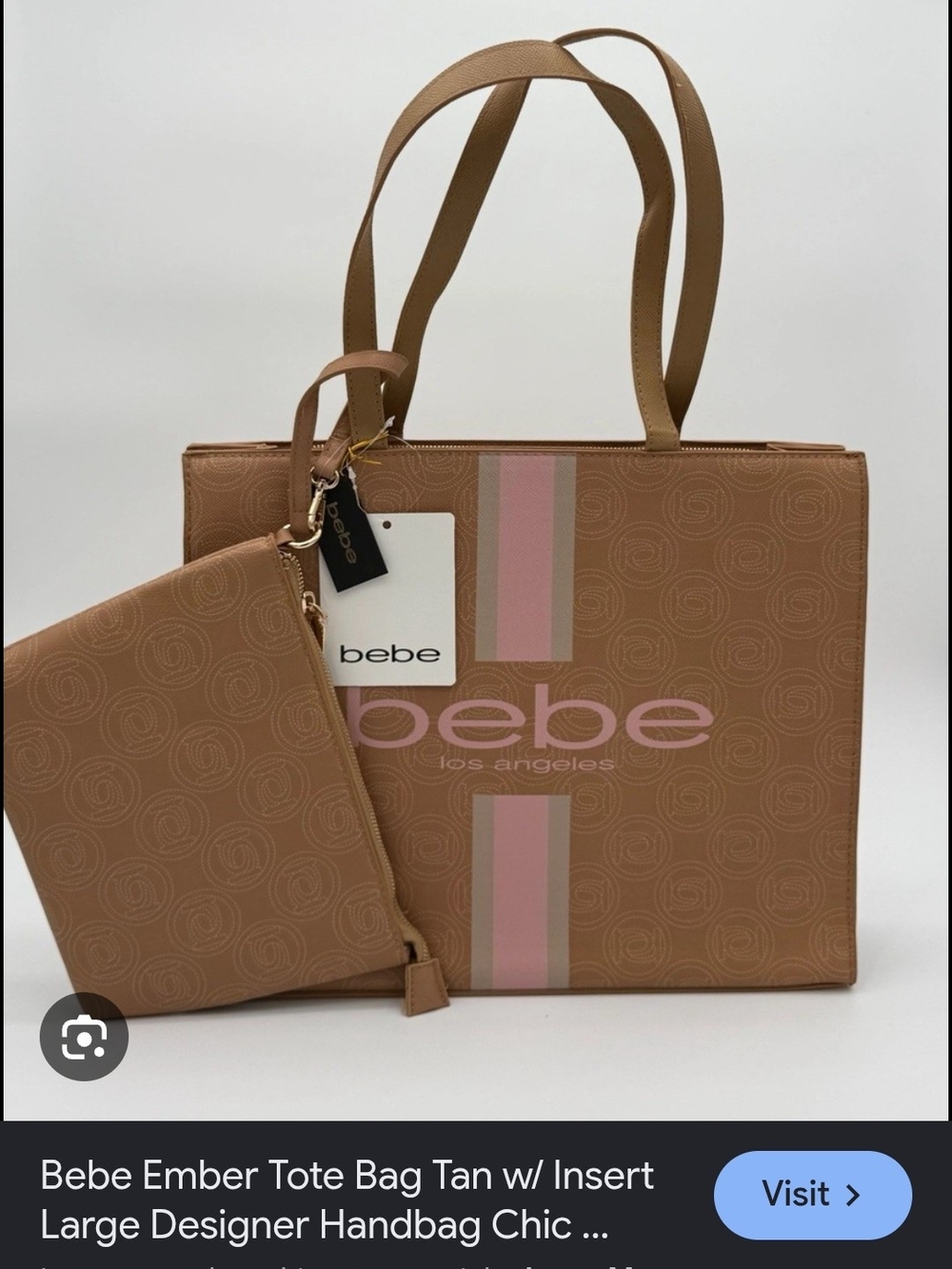 THE BABE COLLECTION Tan Tote Bag with Pink Logo Stripe L 12.5 x w 15. 5